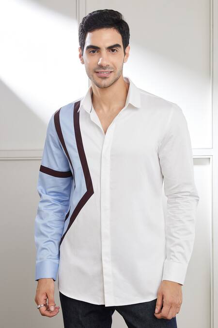 Seven_White Cotton Satin Color Block Abstract Pattern Shirt _Online_at_Aza_Fashions