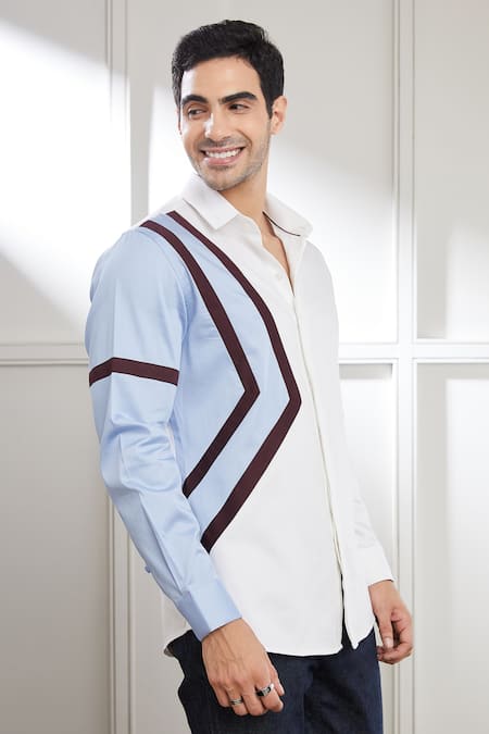 Buy_Seven_White Cotton Satin Color Block Abstract Pattern Shirt _Online_at_Aza_Fashions