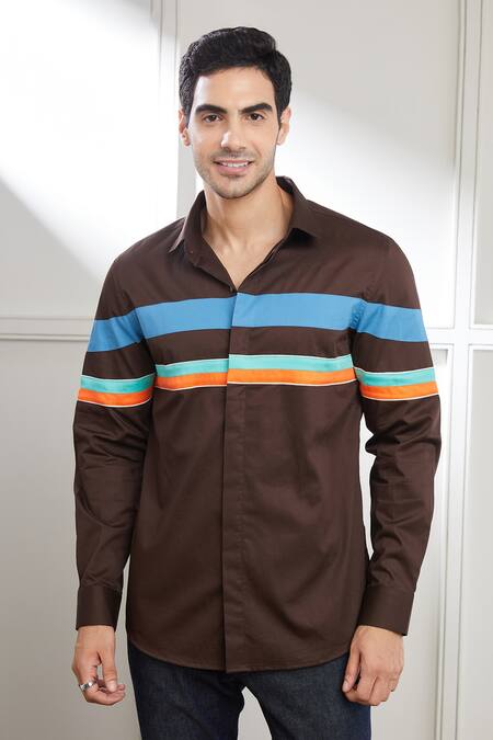 Seven_Brown Cotton Satin Retrospect Contrast Panel Shirt_Online_at_Aza_Fashions