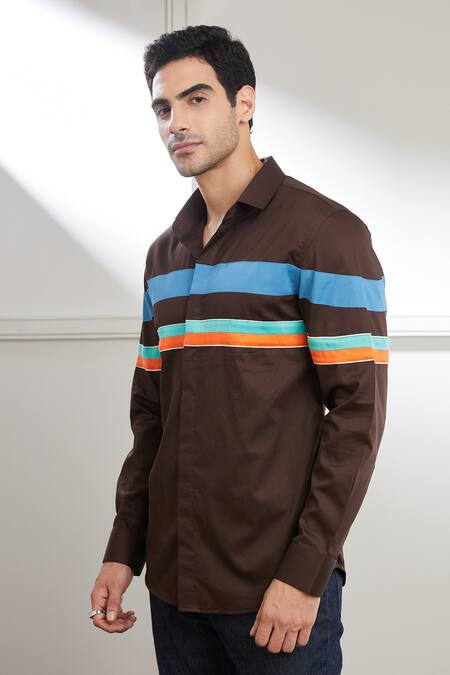 Buy_Seven_Brown Cotton Satin Retrospect Contrast Panel Shirt_Online_at_Aza_Fashions