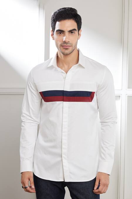 Seven_White Cotton Satin Perspective Constrast Panel Shirt_Online_at_Aza_Fashions