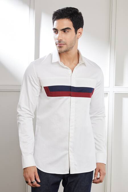 Buy_Seven_White Cotton Satin Perspective Constrast Panel Shirt_Online_at_Aza_Fashions