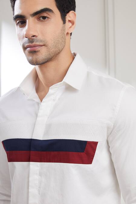 Shop_Seven_White Cotton Satin Perspective Constrast Panel Shirt_Online_at_Aza_Fashions