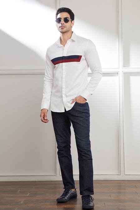 Seven_White Cotton Satin Perspective Constrast Panel Shirt_at_Aza_Fashions