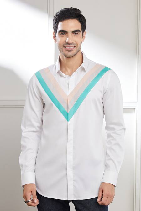 Seven_White Cotton Satin Contrast Tri-panelled Shirt _Online_at_Aza_Fashions