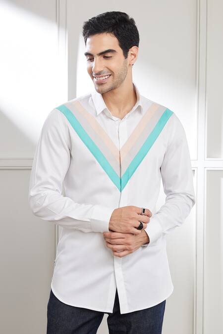 Buy_Seven_White Cotton Satin Contrast Tri-panelled Shirt _Online_at_Aza_Fashions