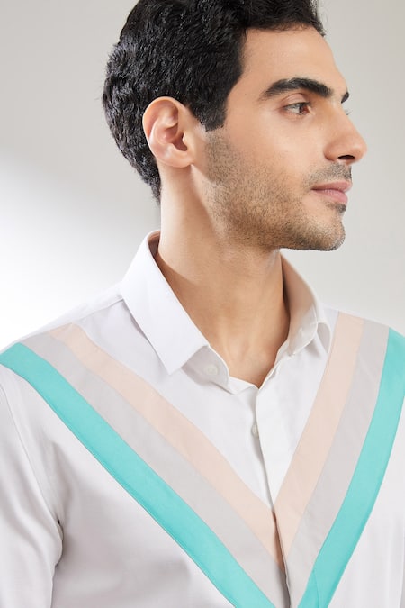 Shop_Seven_White Cotton Satin Contrast Tri-panelled Shirt _Online_at_Aza_Fashions