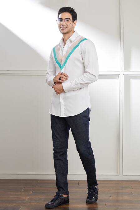 Seven_White Cotton Satin Contrast Tri-panelled Shirt _at_Aza_Fashions