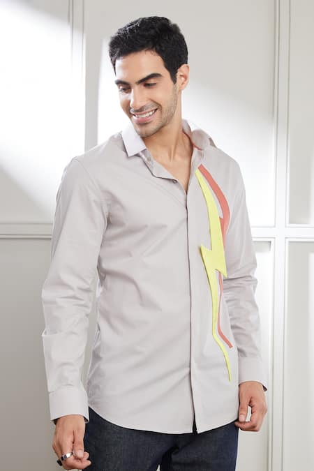 Seven_Grey Cotton Satin Embroidery Zeus Thunder Bolt Pattern Shirt _Online_at_Aza_Fashions