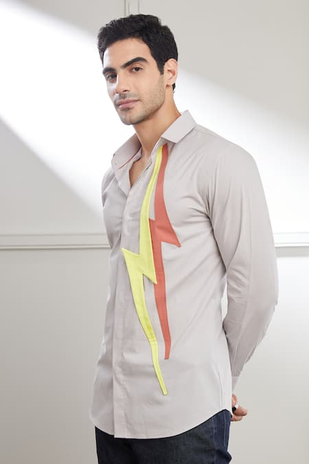 Buy_Seven_Grey Cotton Satin Embroidery Zeus Thunder Bolt Pattern Shirt _Online_at_Aza_Fashions