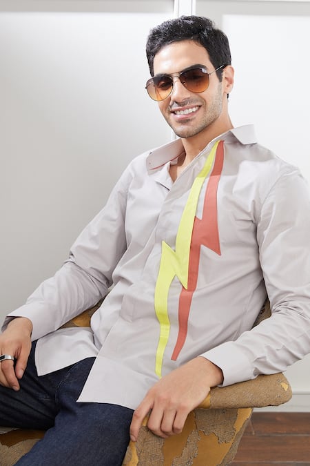 Seven_Grey Cotton Satin Embroidery Zeus Thunder Bolt Pattern Shirt _at_Aza_Fashions