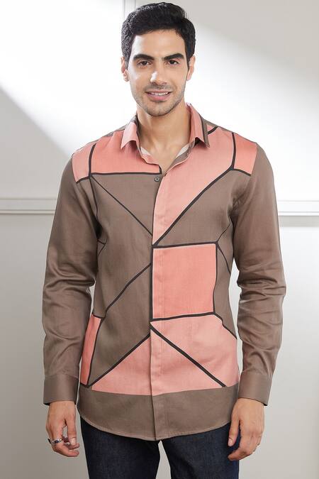 Seven_Brown Cotton Satin Space Guard Abtract Print Shirt_Online_at_Aza_Fashions