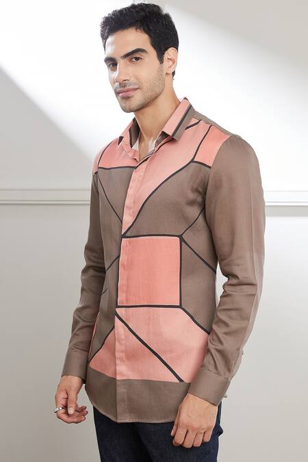Buy_Seven_Brown Cotton Satin Space Guard Abtract Print Shirt_Online_at_Aza_Fashions
