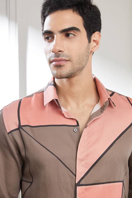 Shop_Seven_Brown Cotton Satin Space Guard Abtract Print Shirt_Online_at_Aza_Fashions