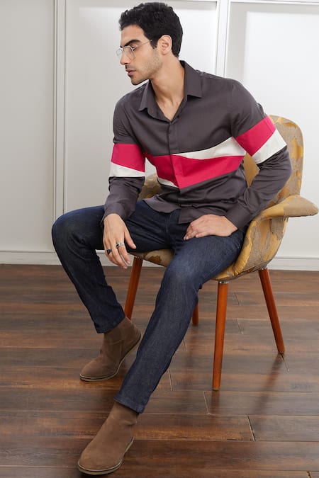 Seven_Grey Cotton Satin Sharp Fuse Shirt_at_Aza_Fashions