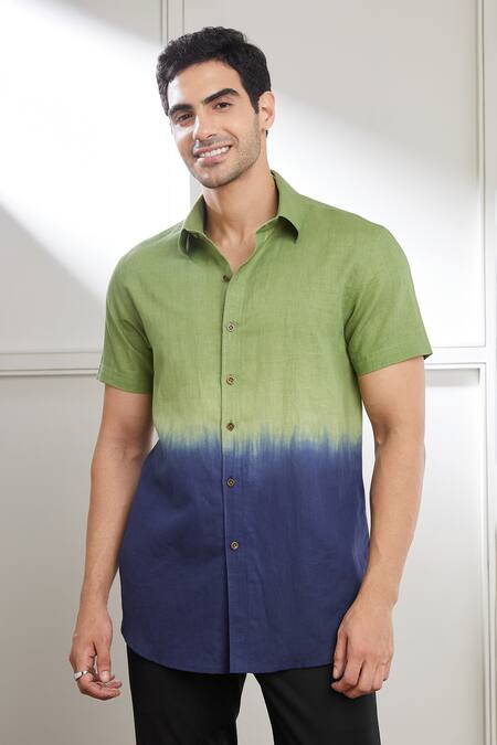 Seven_Green Cotton Linen Plain Ombre Tie And Dye Shirt _Online_at_Aza_Fashions