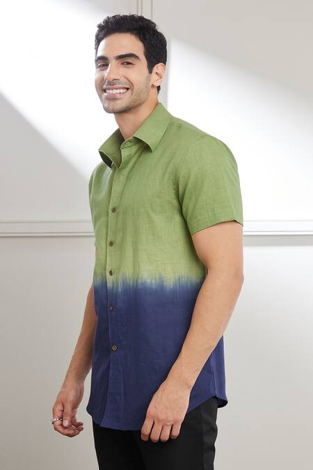 Buy_Seven_Green Cotton Linen Plain Ombre Tie And Dye Shirt _Online_at_Aza_Fashions