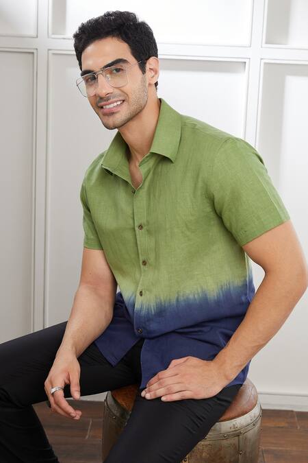 Seven_Green Cotton Linen Plain Ombre Tie And Dye Shirt _at_Aza_Fashions
