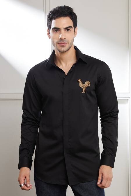 Seven Black Cotton Satin Embroidery Placement Hand Shirt Online at Aza Fashions Seven_Black Cotton Satin Embroidery Placement Hand Shirt_Online_at_Aza_Fashions