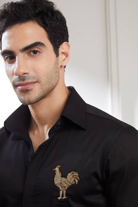Shop Seven Black Cotton Satin Embroidery Placement Hand Shirt Online at Aza Fashions Shop_Seven_Black Cotton Satin Embroidery Placement Hand Shirt_Online_at_Aza_Fashions