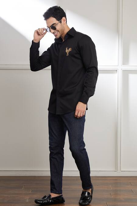 Seven Black Cotton Satin Embroidery Placement Hand Shirt at Aza Fashions Seven_Black Cotton Satin Embroidery Placement Hand Shirt_at_Aza_Fashions