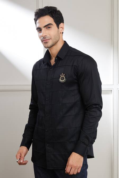 Seven_Black Cotton Satin Embroidery, Sequins Pintuck Square Pattern Shirt _Online_at_Aza_Fashions