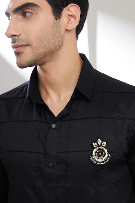Buy_Seven_Black Cotton Satin Embroidery, Sequins Pintuck Square Pattern Shirt _Online_at_Aza_Fashions