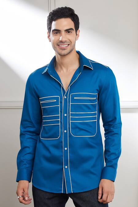 Seven_Blue Cotton Satin Contrast Piping Detail Shirt _Online_at_Aza_Fashions