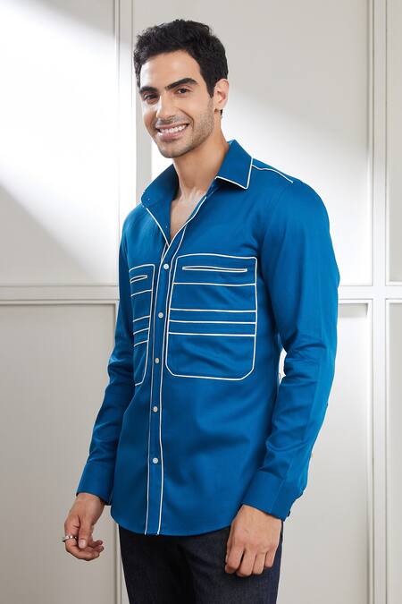 Buy_Seven_Blue Cotton Satin Contrast Piping Detail Shirt _Online_at_Aza_Fashions