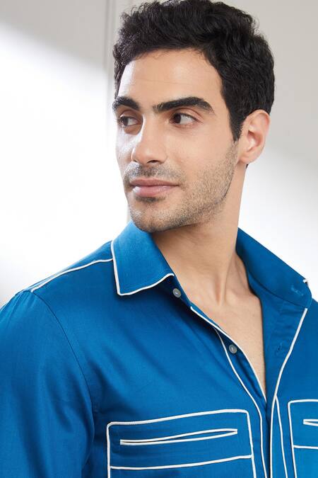 Shop_Seven_Blue Cotton Satin Contrast Piping Detail Shirt _Online_at_Aza_Fashions