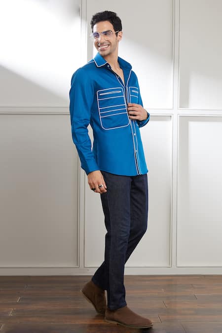 Seven_Blue Cotton Satin Contrast Piping Detail Shirt _at_Aza_Fashions