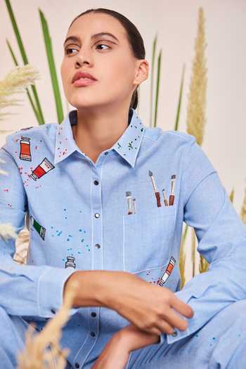 Shahin Mannan Blue Chambray Paint Brush Shirt Collar High Low And Pant Set Online at Aza Fashions Shahin Mannan_Blue Chambray Paint Brush Shirt Collar High Low And Pant Set_Online_at_Aza_Fashions
