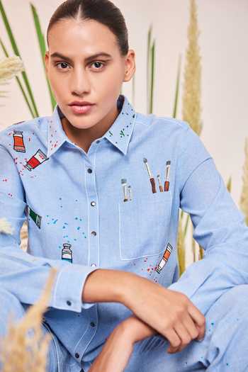 Buy Shahin Mannan Blue Chambray Paint Brush Shirt Collar High Low And Pant Set Online at Aza Fashions Buy_Shahin Mannan_Blue Chambray Paint Brush Shirt Collar High Low And Pant Set_Online_at_Aza_Fashions