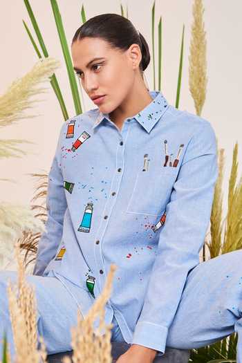 Shop Shahin Mannan Blue Chambray Paint Brush Shirt Collar High Low And Pant Set Online at Aza Fashions Shop_Shahin Mannan_Blue Chambray Paint Brush Shirt Collar High Low And Pant Set_Online_at_Aza_Fashions