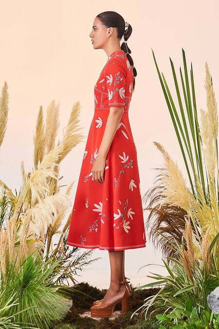 Shahin Mannan_Red Double Crepe Branch Pattern Round Tiny Corset Midi Dress_Online_at_Aza_Fashions