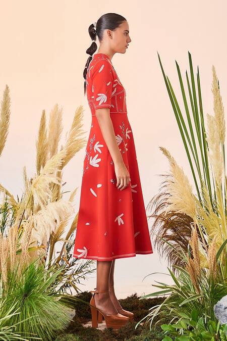 Buy_Shahin Mannan_Red Double Crepe Branch Pattern Round Tiny Corset Midi Dress_Online_at_Aza_Fashions