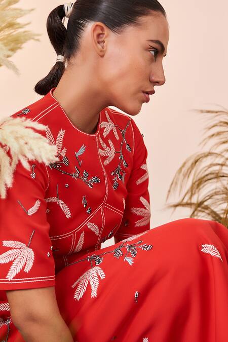 Shop_Shahin Mannan_Red Double Crepe Branch Pattern Round Tiny Corset Midi Dress_Online_at_Aza_Fashions