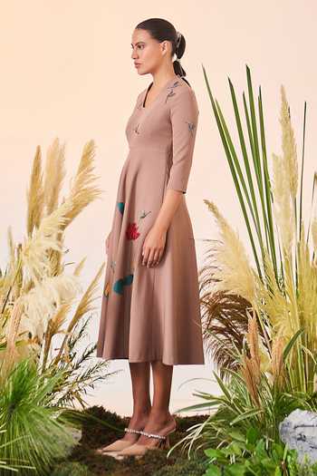 Shahin Mannan_Brown Double Crepe Lotus And Humming Bird U Neck Circular Midi Dress_Online_at_Aza_Fashions