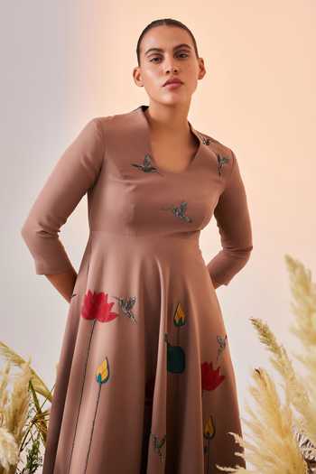 Buy_Shahin Mannan_Brown Double Crepe Lotus And Humming Bird U Neck Circular Midi Dress_Online_at_Aza_Fashions