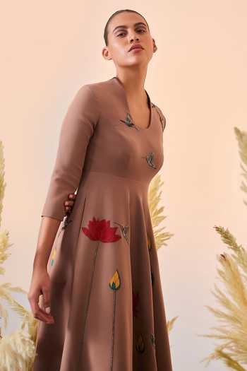 Shop_Shahin Mannan_Brown Double Crepe Lotus And Humming Bird U Neck Circular Midi Dress_Online_at_Aza_Fashions