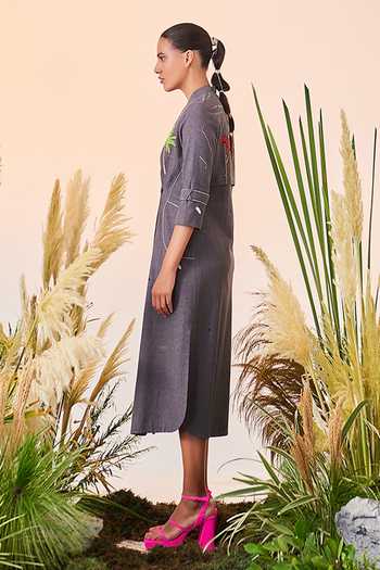Shahin Mannan_Grey Melange V Neck Holiday Long Wrap Dress_Online_at_Aza_Fashions
