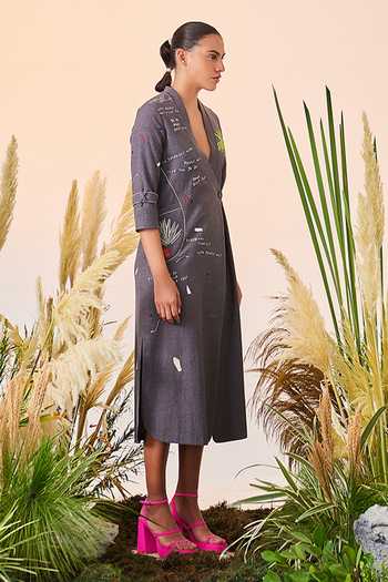 Buy_Shahin Mannan_Grey Melange V Neck Holiday Long Wrap Dress_Online_at_Aza_Fashions