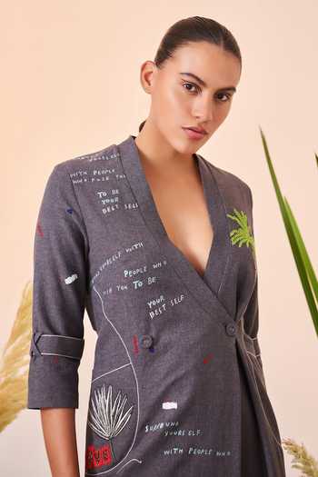 Shop_Shahin Mannan_Grey Melange V Neck Holiday Long Wrap Dress_Online_at_Aza_Fashions