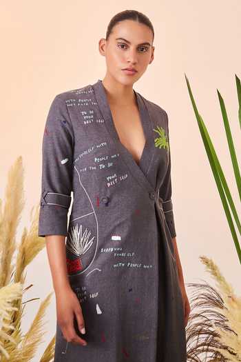 Shahin Mannan_Grey Melange V Neck Holiday Long Wrap Dress_at_Aza_Fashions