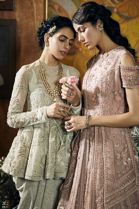 Sahil Kochhar_Pink Silk Organza Embroidery Round Neck Shamsa Floral Gown _Online_at_Aza_Fashions