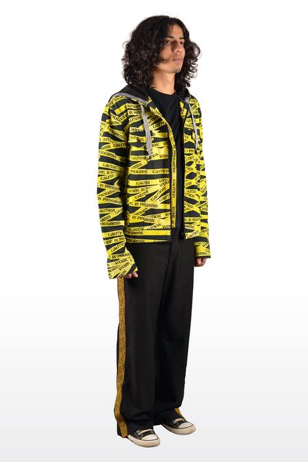 Shop_Theorem_Black Cotton, Denim Work In Progress Tape Print Hoodie _Online_at_Aza_Fashions