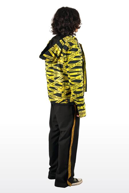 Theorem_Black Cotton, Denim Work In Progress Tape Print Hoodie _at_Aza_Fashions