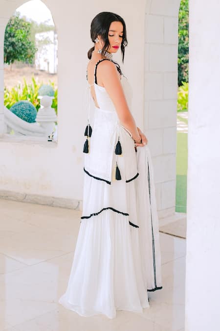 Buy Monk & Mei By Sonia Anand White Georgette Tassels, Lace Square Floral Embroidered Kurta Lehenga Skirt Set Online at Aza Fashions Buy_Monk & Mei By Sonia Anand_White Georgette Tassels, Lace Square Floral Embroidered Kurta Lehenga Skirt Set _Online_at_Aza_Fashions