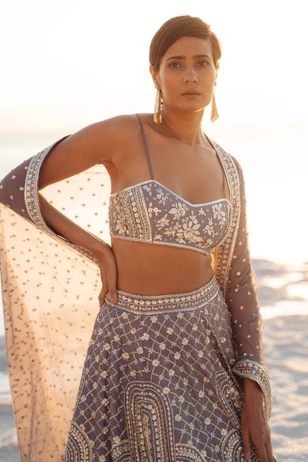 Sahil Kochhar_Grey Organza Embroidery Sweetheart Neck Shehnaaz Lehenga And Blouse Set _Online_at_Aza_Fashions