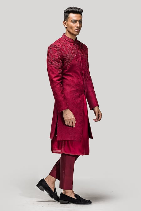Shop_Asuka_Red Chanderi Silk Sequins, Cut Work, Embroidery Sherwani Set _Online_at_Aza_Fashions